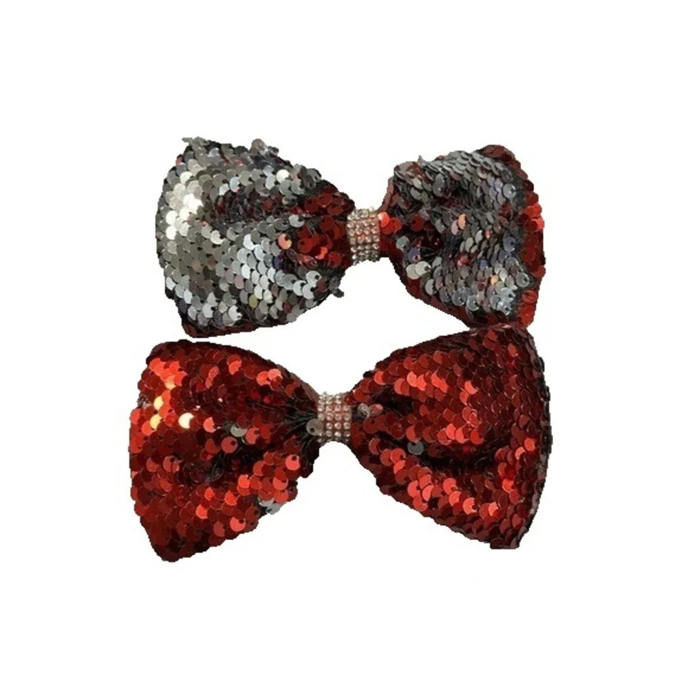 NEW Hair Accessories Bow Clips set of 2 red‎ silver